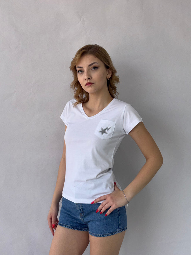 Yıldız Nakış Tişört Beyaz