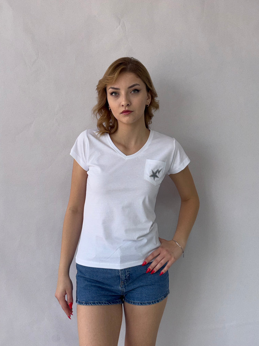 Yıldız Nakış Tişört Beyaz